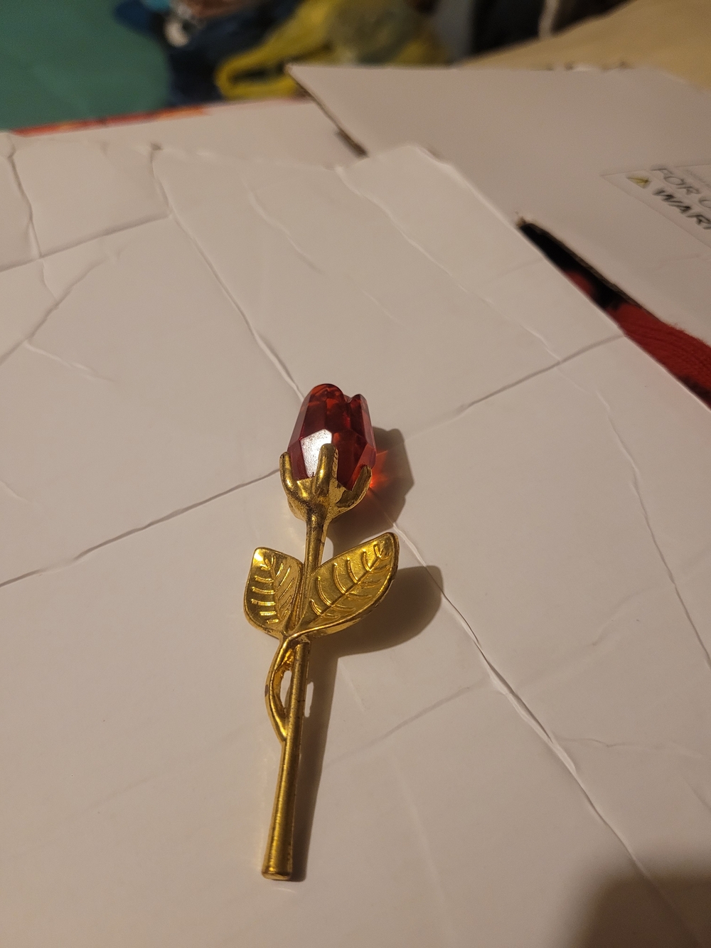 Gold Tone Red Crystal Rose